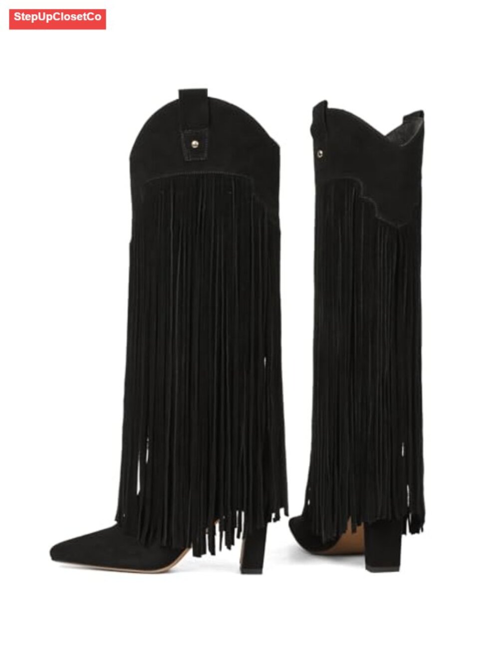 Knee High Suede Fringe Boots Square Toe Chunky Heel Pull On - Picture 3 of 5